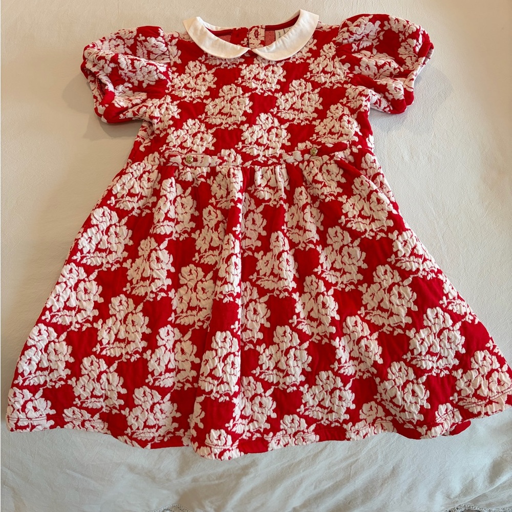 Janie and Jack Scarlet Dress with Ivory Floral Pattern Brocade